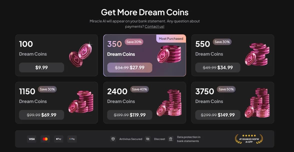 Dream Coins packages and prices
