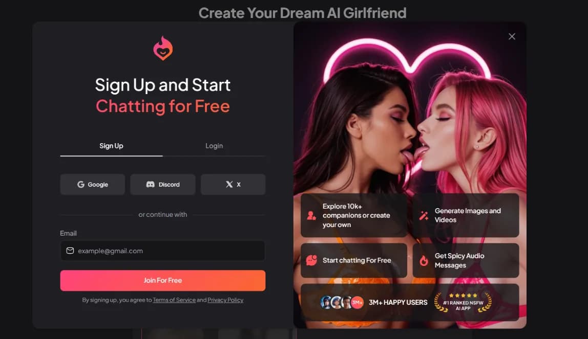 Google, Discord, X और ईमेल के साथ साइन-अप विंडो
