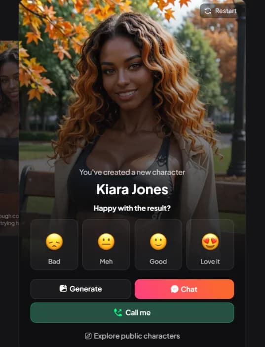 A newly created AI girlfriend with the chat and call buttons